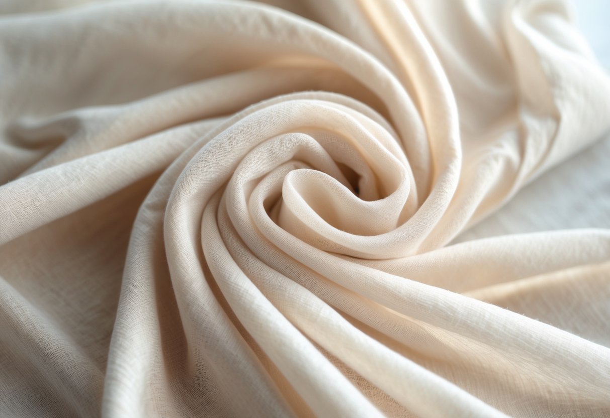 Close-up of light beige, lightweight cotton blend fabric softly folded to show its delicate texture and breathability.