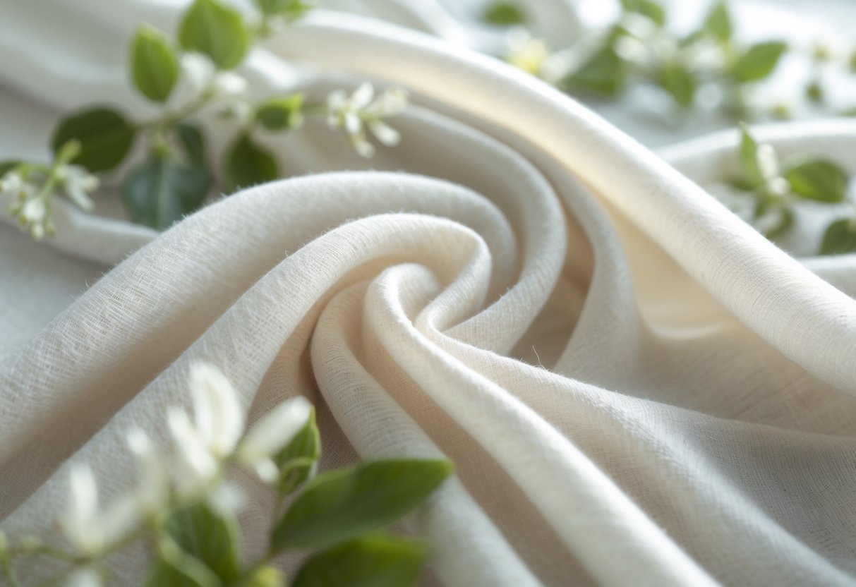 Close-up of soft, pale fabric draped gently with green leaves in the background, suggesting lightweight and breathable clothing.