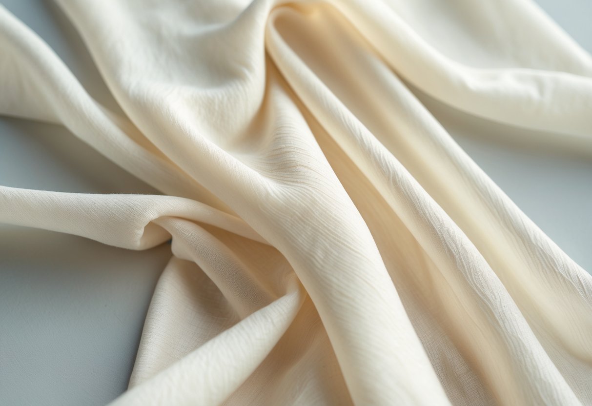 Close-up of light cream silk crepe fabric softly draped to show its lightweight and breathable texture.