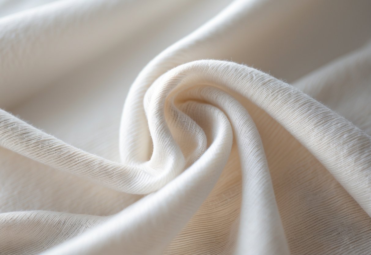 Close-up of thin, light-colored cotton fabric with soft folds showing its breathable and lightweight texture.