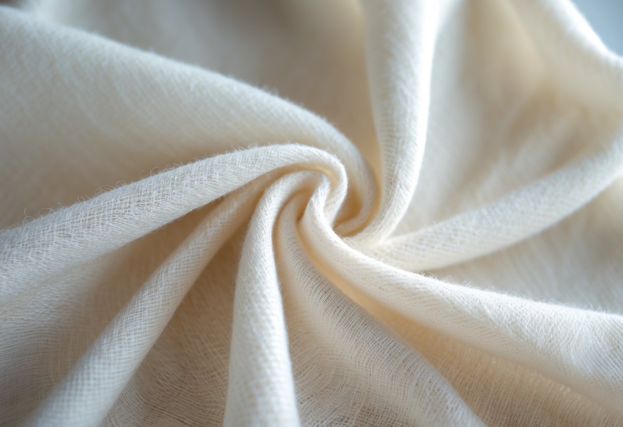Close-up of light-colored fine wool fabric with soft folds, highlighting its breathable and comfortable texture.