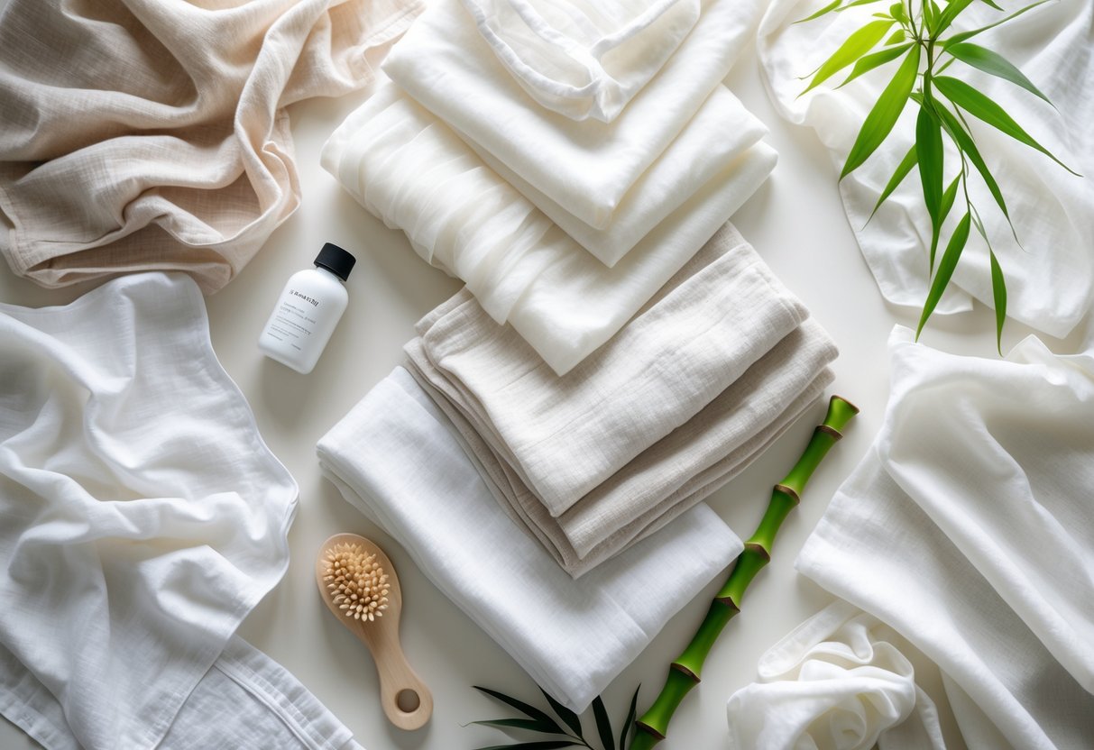 A flat lay of various lightweight fabrics arranged with gentle folds alongside fabric care items on a neutral background.