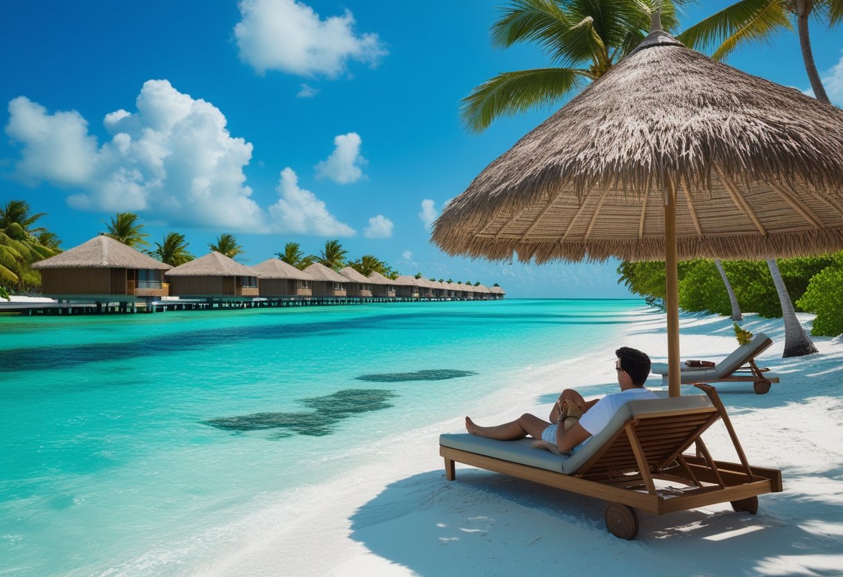 Plage tropicale aux Maldives avec eau turquoise, sable blanc, palmiers, un couple se relaxant sous un parasol, et des bungalows sur pilotis en arrière-plan.
