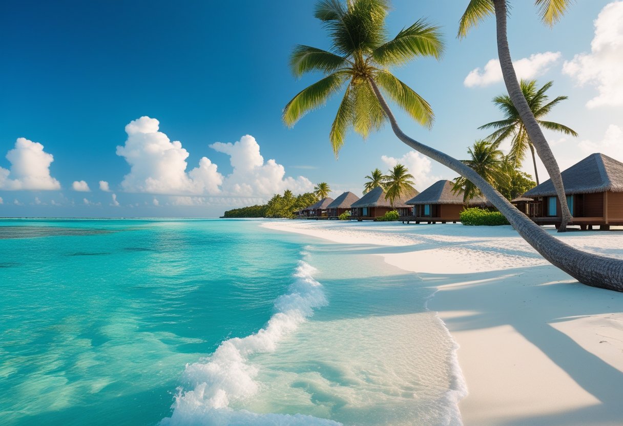 Plage paradisiaque aux Maldives avec sable blanc, eau turquoise, palmiers et bungalows sur pilotis au loin.