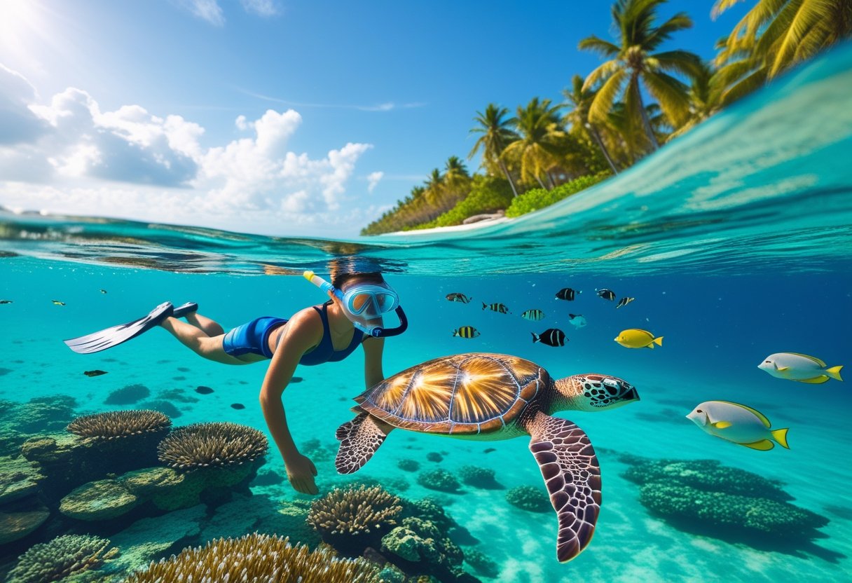 Une personne en train d'observer des poissons tropicaux et une tortue de mer dans des eaux turquoise claires près d'un récif corallien aux Maldives.