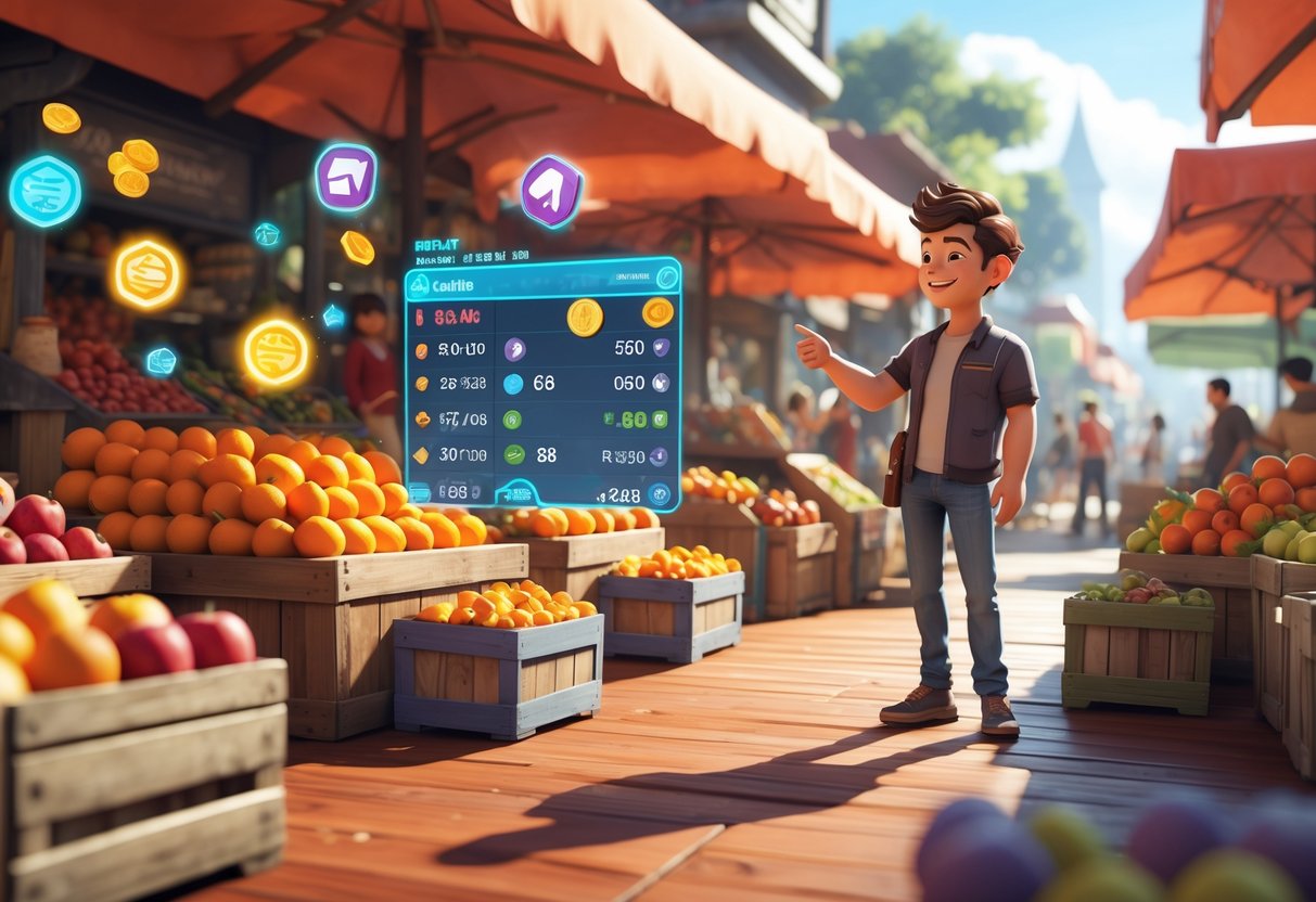 Seorang pemain muda sedang berdiri di pasar yang penuh dengan buah-buahan segar dan berinteraksi dengan antarmuka digital yang menunjukkan tren pasar dan harga barang.