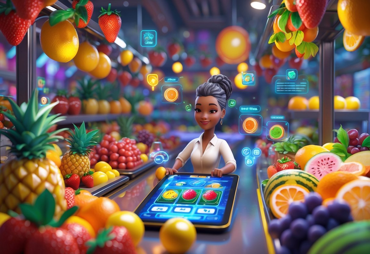 Pemandangan pasar buah berwarna-warni dengan berbagai buah segar dan seorang pemain yang sedang menggunakan antarmuka digital untuk bermain permainan buah.