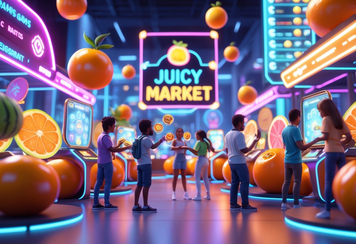 Pemandangan pasar digital penuh buah berwarna cerah dengan pemain yang sedang berinteraksi dan merencanakan strategi dalam permainan.