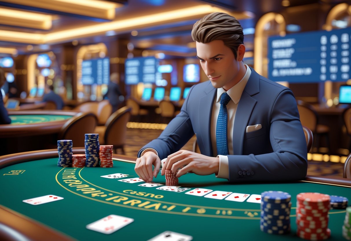 Suasana dalam kasino dengan meja poker, tumpukan chip, kartu, dan pemain yang sedang fokus bermain dengan percaya diri.