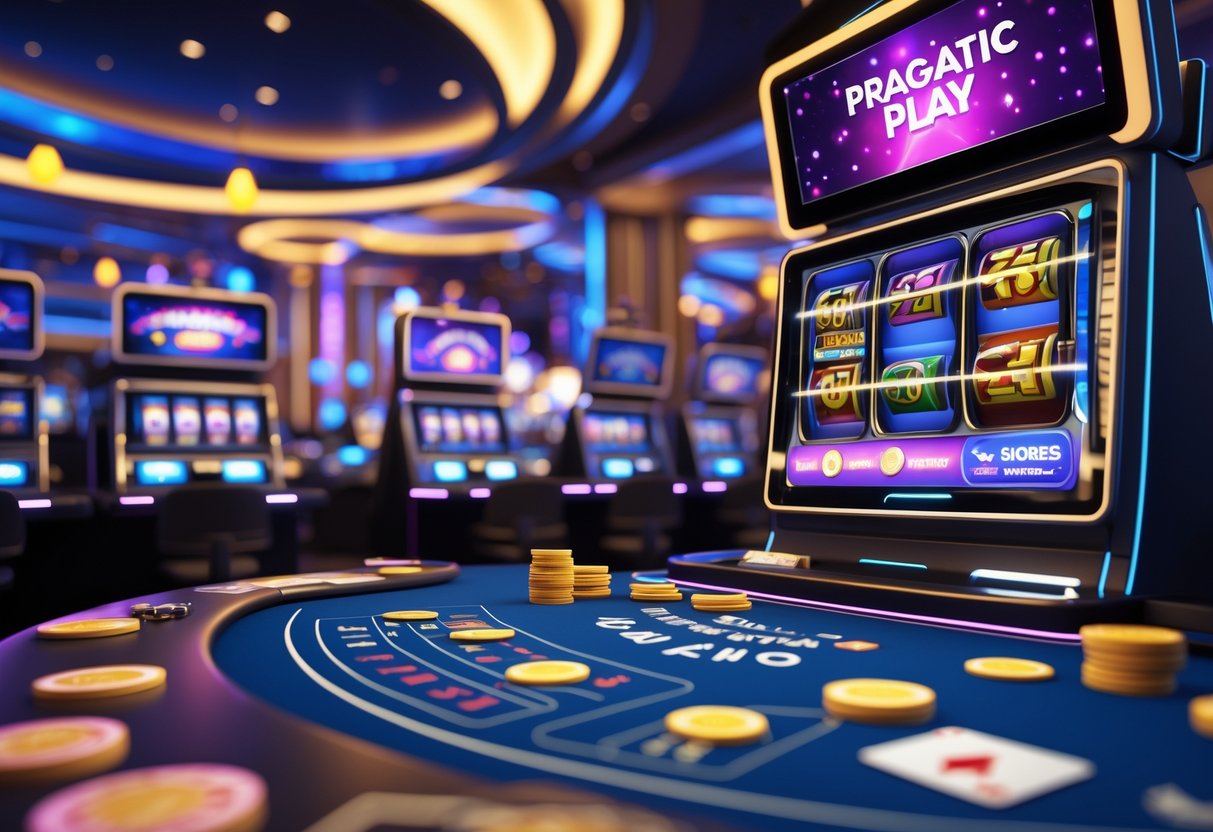 Suasana dalam kasino modern dengan mesin slot digital, meja permainan, dan chip kasino yang berkilauan.