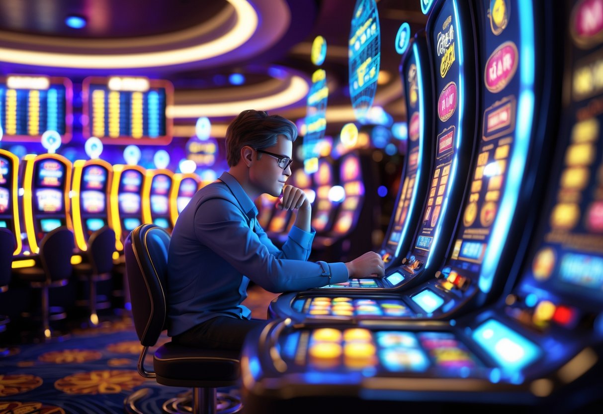 Seorang pemain di kasino modern sedang fokus bermain mesin slot dengan grafik dan pola strategi menang di sekitarnya.