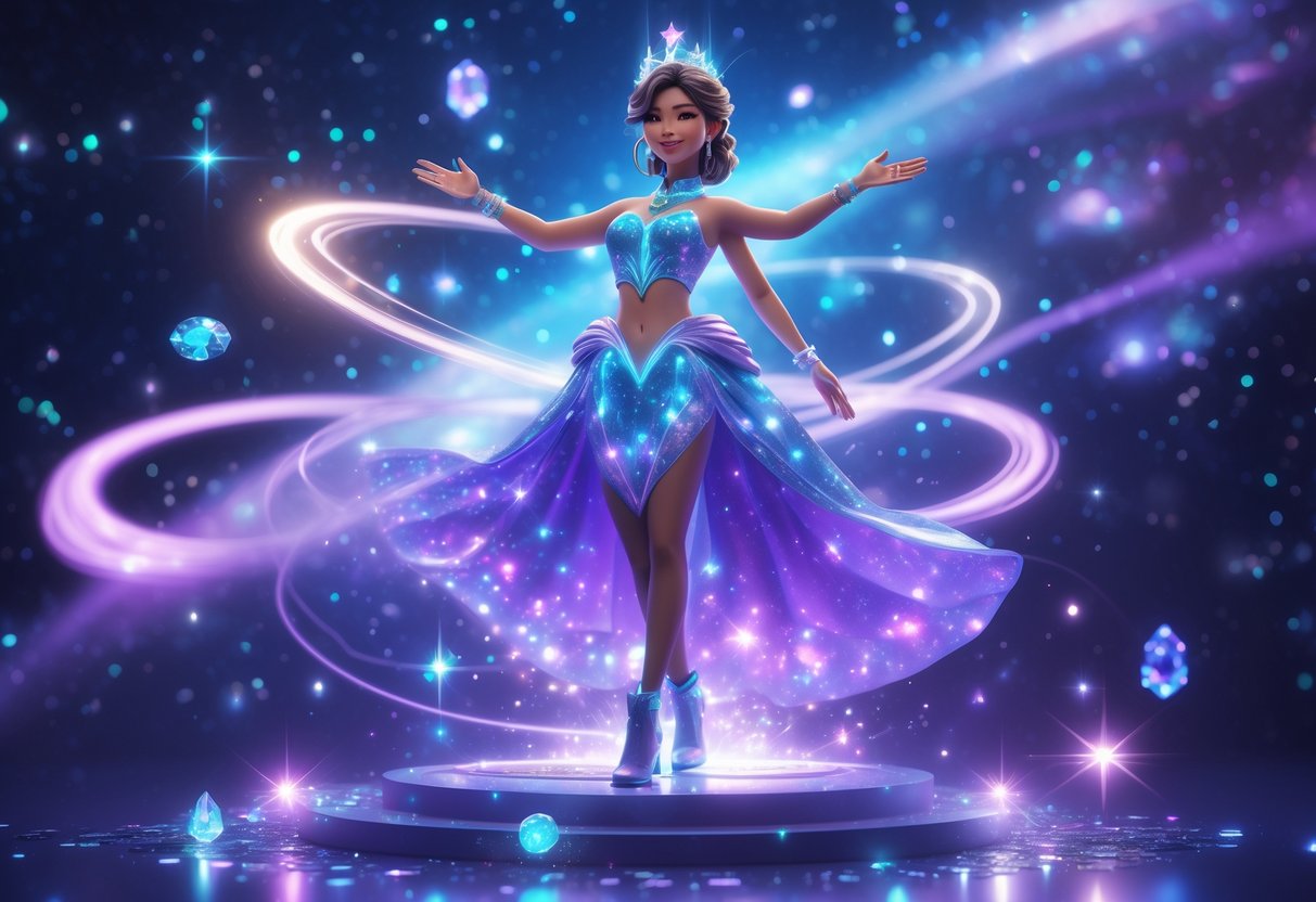 Seorang putri bercahaya berdiri di atas platform mistis dikelilingi bintang dan cahaya kosmik yang berputar, menunjukkan suasana kemenangan dan keberuntungan.
