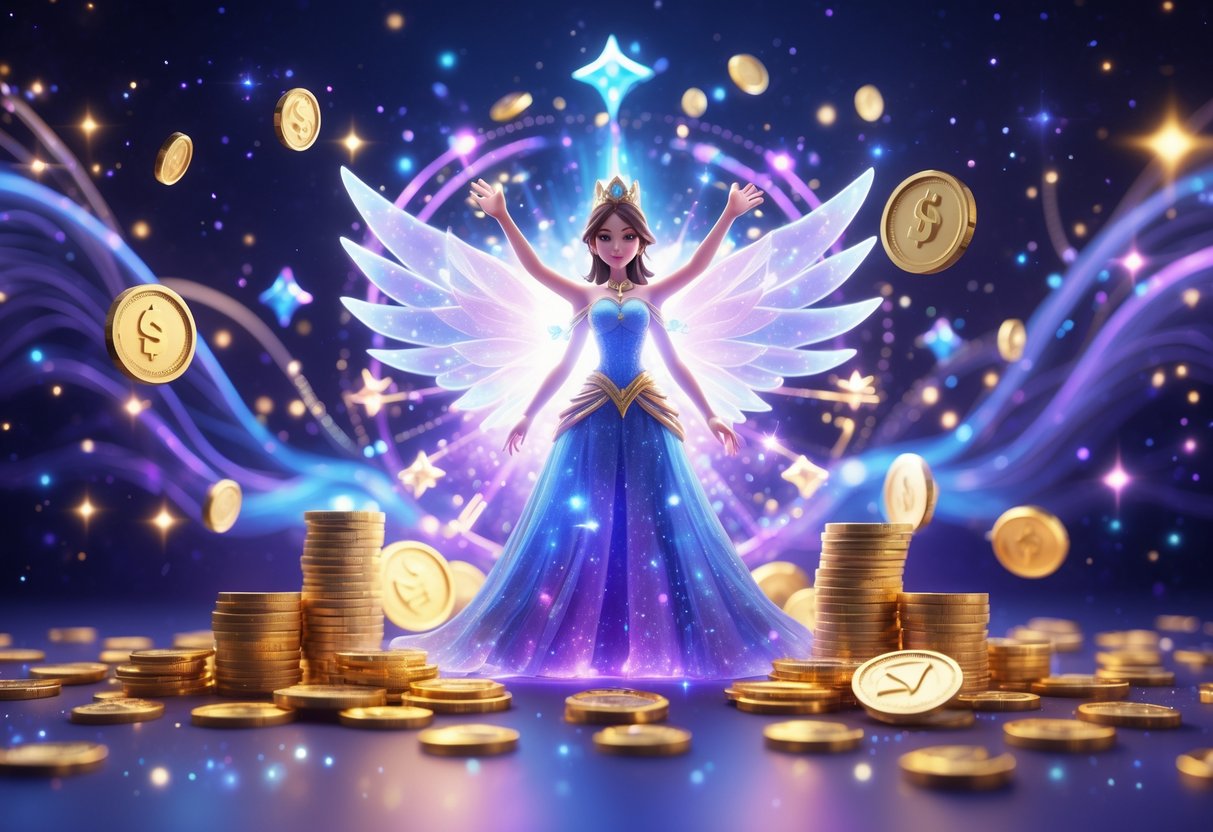 Seorang putri bercahaya berdiri di tengah lingkungan bertema magis dengan koin emas dan permata berkilauan di sekitarnya, dikelilingi bintang dan cahaya mistis yang melambangkan keberuntungan dan kemenangan besar.