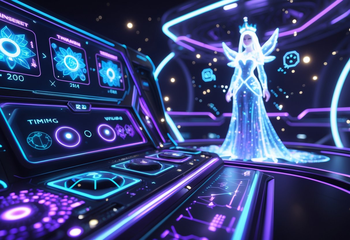 Sebuah adegan 3D menampilkan panel kontrol futuristik dengan pola dan indikator waktu yang bercahaya, di depan sosok putri bercahaya dikelilingi bintang dan elemen kosmik.