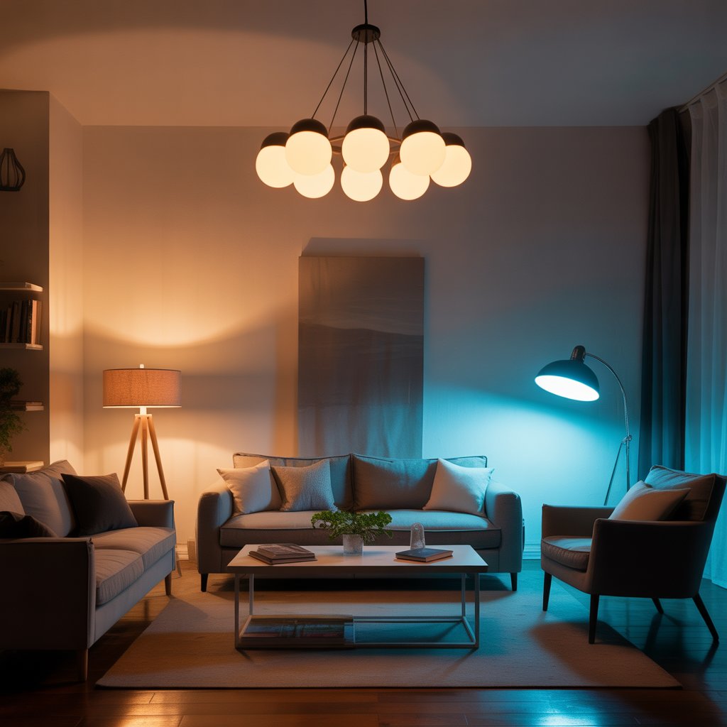 A modern living room with a sofa, armchairs, and multiple mismatched lighting sources creating uneven illumination and shadows.