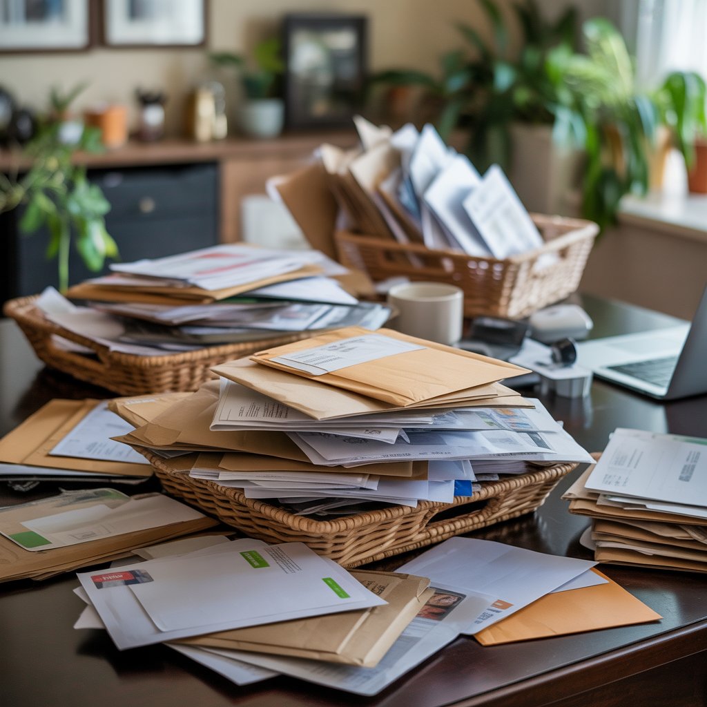 A cluttered home workspace with piles of unread mail and paperwork scattered on a desk.