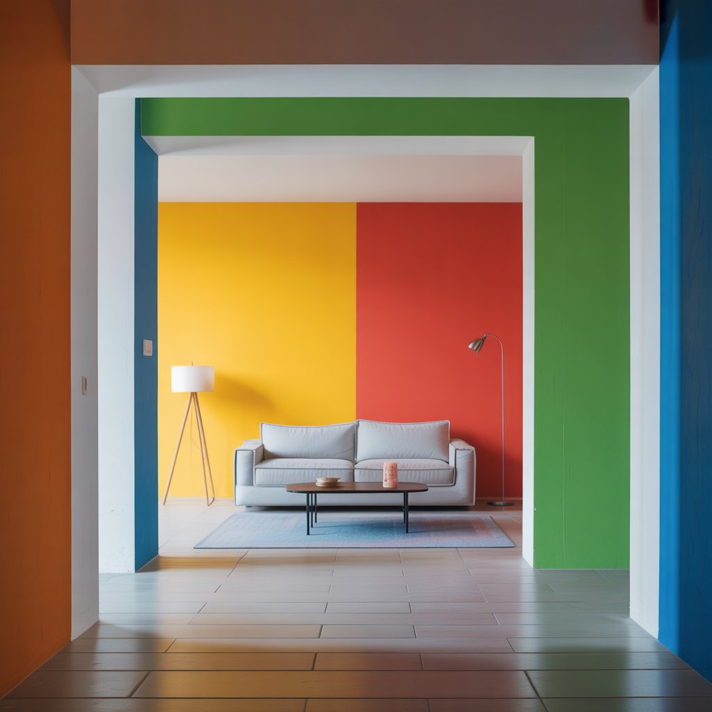 A living room with brightly painted walls in clashing colors, a sofa, and a coffee table.
