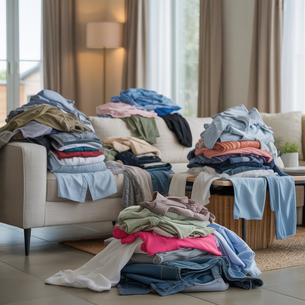 A living room with multiple piles of unfolded laundry scattered on furniture and the floor.