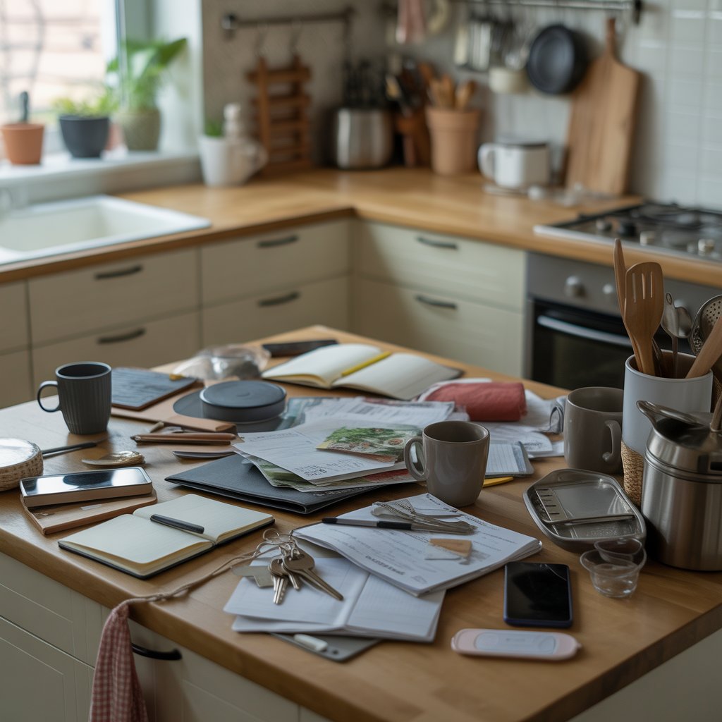 A cluttered kitchen countertop covered with scattered mail, coffee mugs, notebooks, keys, and utensils in a modern kitchen.