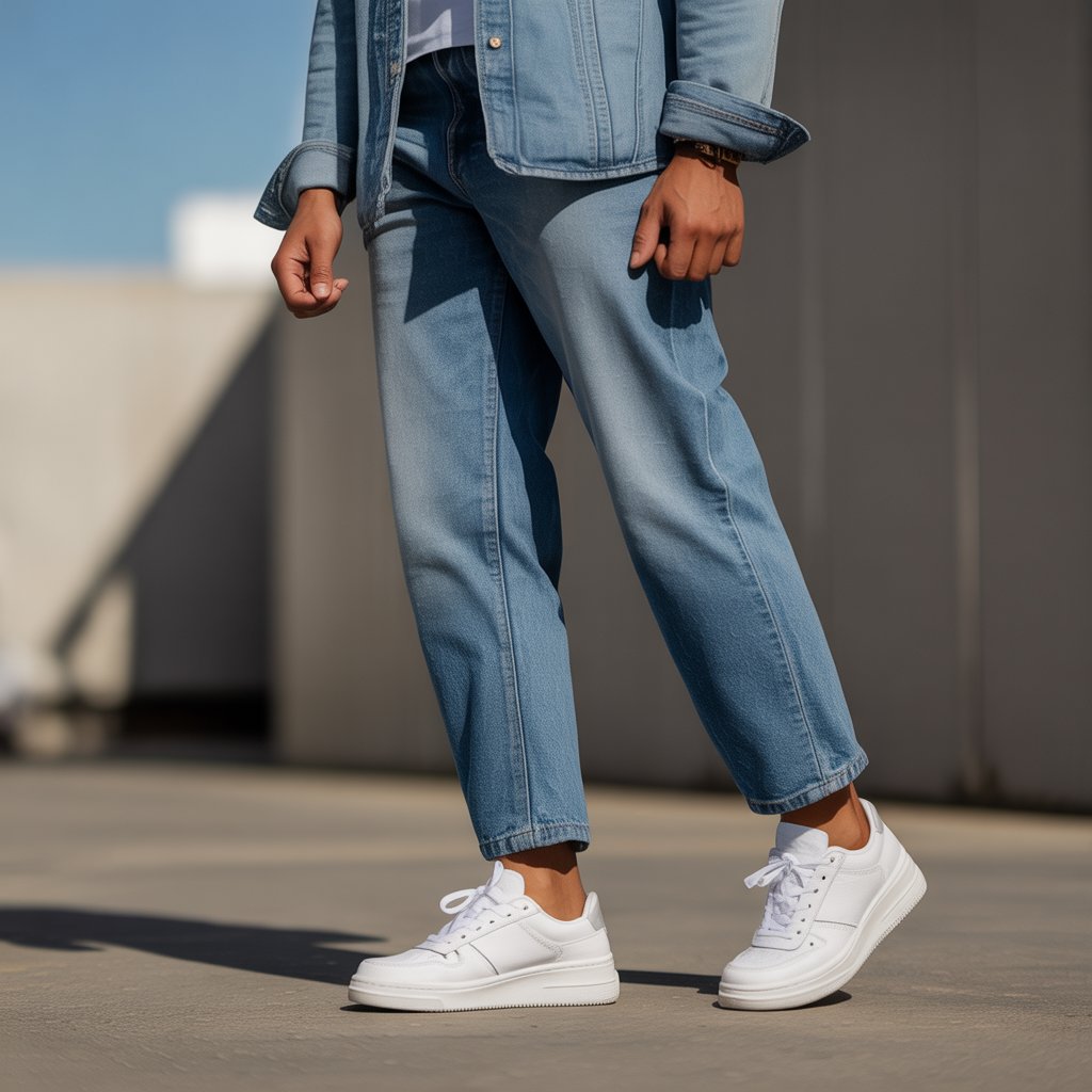 A person standing confidently wearing denim jeans and sneakers against an urban background.