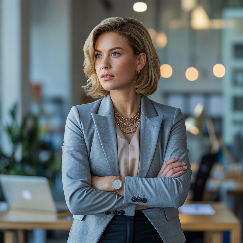A confident businesswoman in professional attire standing in an office, looking composed and determined.