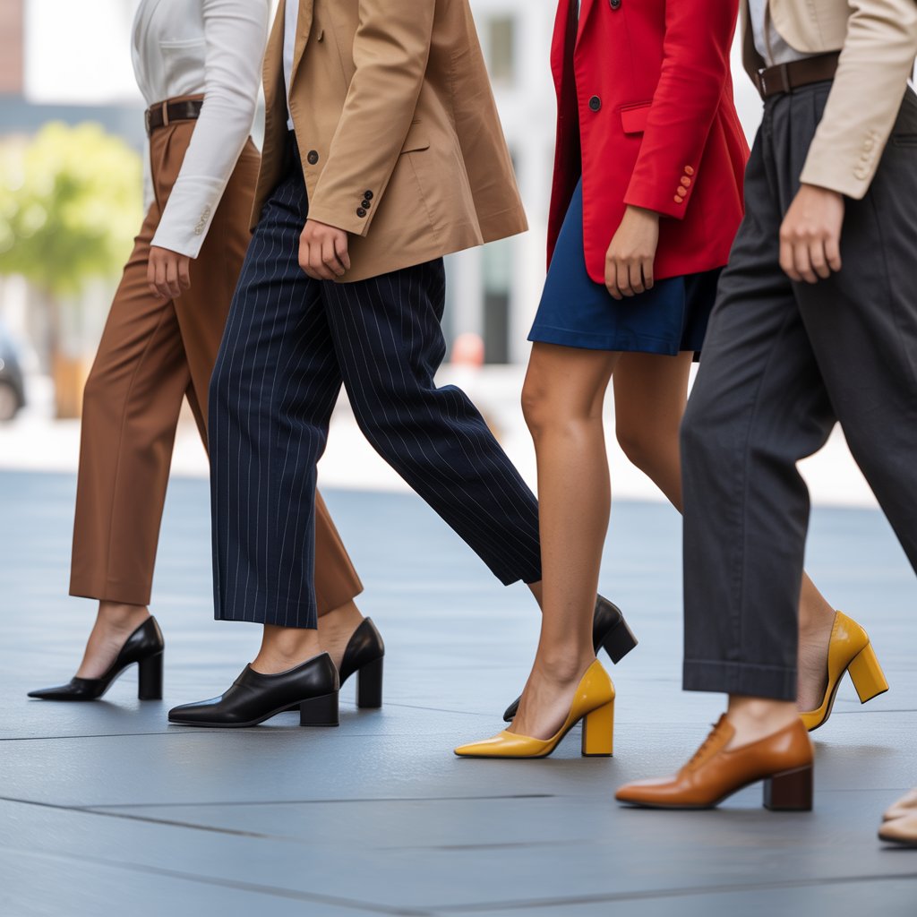 A group of people walking forward on a city street wearing stylish shoes and fashionable outfits.