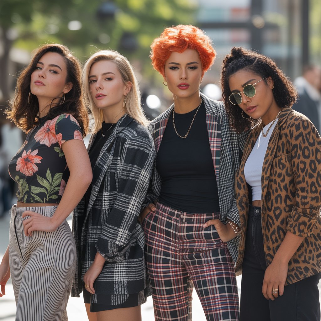 A group of people confidently wearing mixed print outfits while standing outdoors in an urban area.