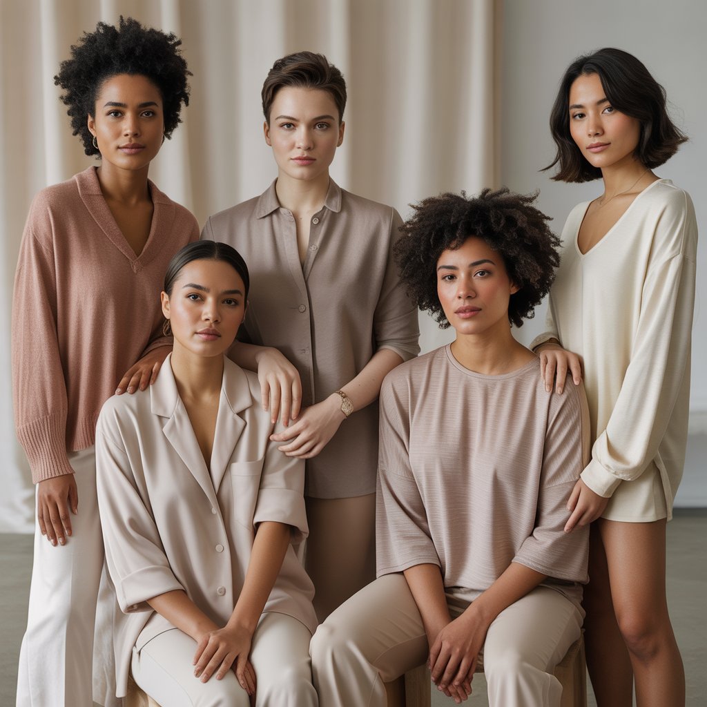 A group of five people wearing soft, comfortable clothing, standing and sitting together with calm and supportive expressions.