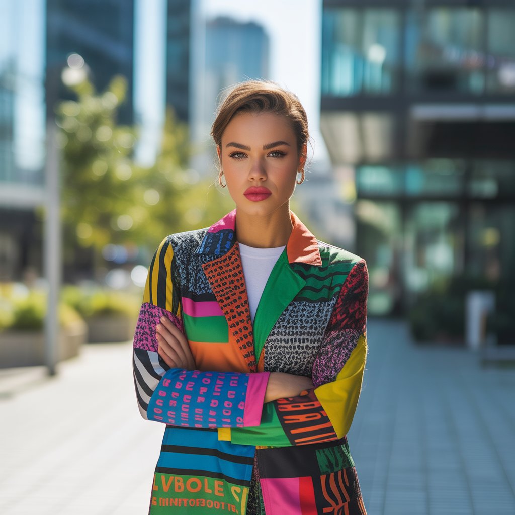 A young woman standing confidently outdoors in a city, wearing a bright, patterned outfit and looking determined.