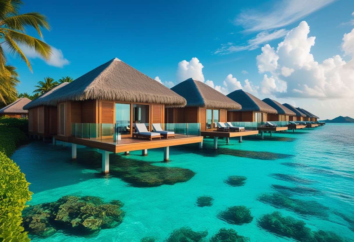 Des villas luxueuses sur pilotis au-dessus d'eau turquoise claire aux Maldives, entourées de végétation tropicale et d'un ciel bleu.