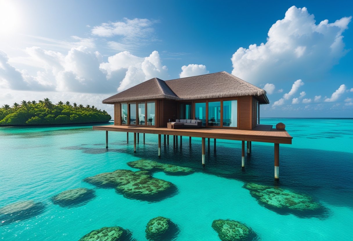 Villa sur pilotis en bois au-dessus d’eau turquoise claire avec une île tropicale et des palmiers en arrière-plan sous un ciel bleu ensoleillé.