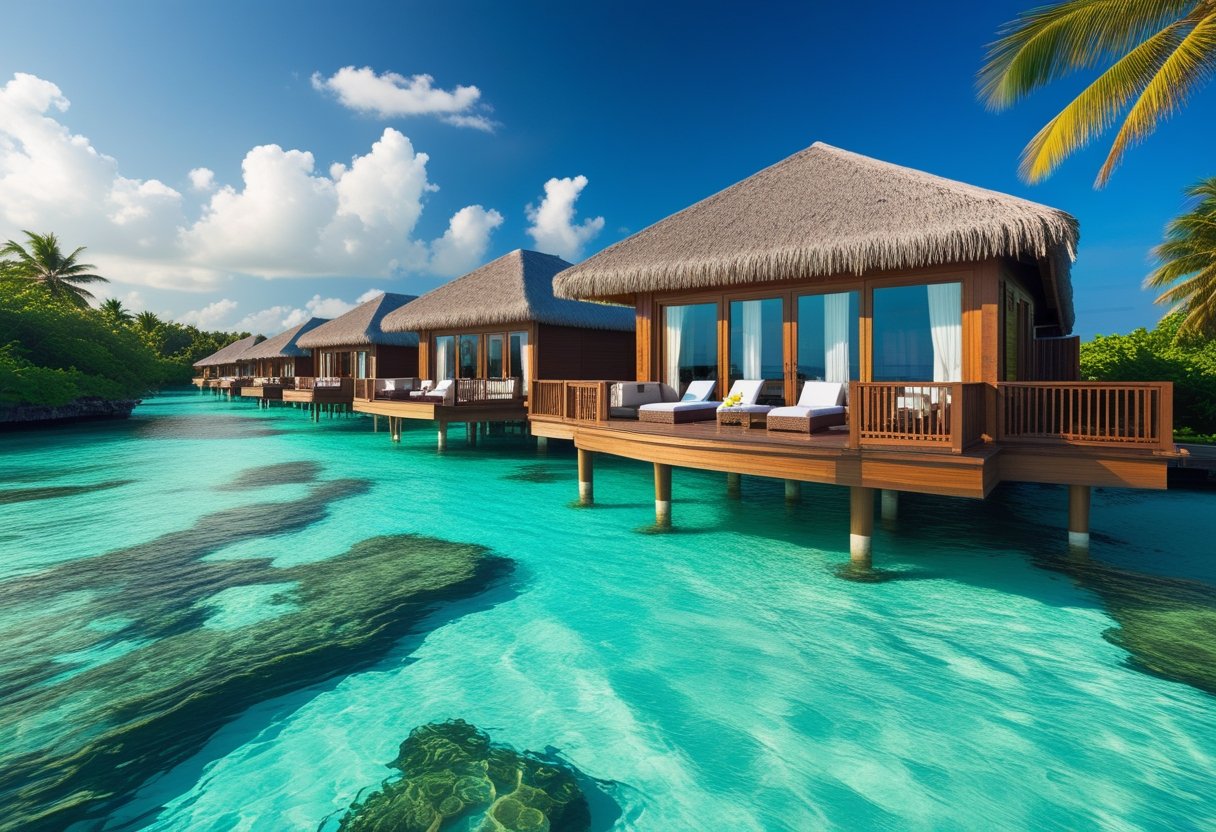 Des villas luxueuses sur pilotis au-dessus d'une eau turquoise claire aux Maldives, entourées de végétation tropicale sous un ciel bleu.