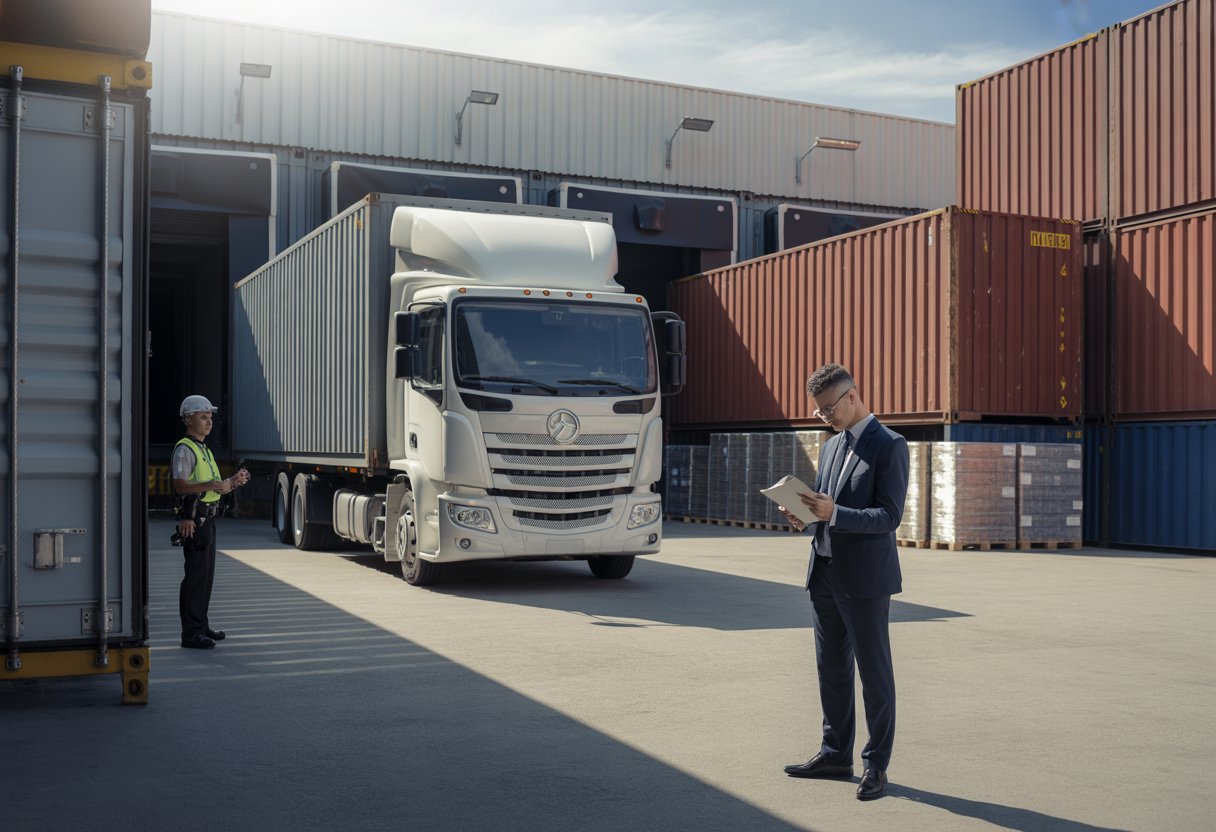 Een zakelijk persoon bekijkt documenten bij een vrachtwagen en magazijn, met een beveiligingsmedewerker die het terrein inspecteert.