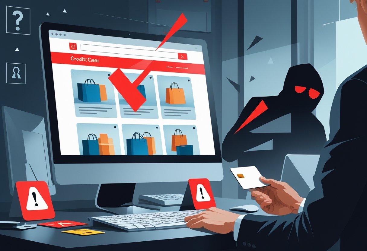 A person hesitantly holding a credit card in front of a computer screen showing a suspicious online store, with a shadowy figure lurking behind the screen.