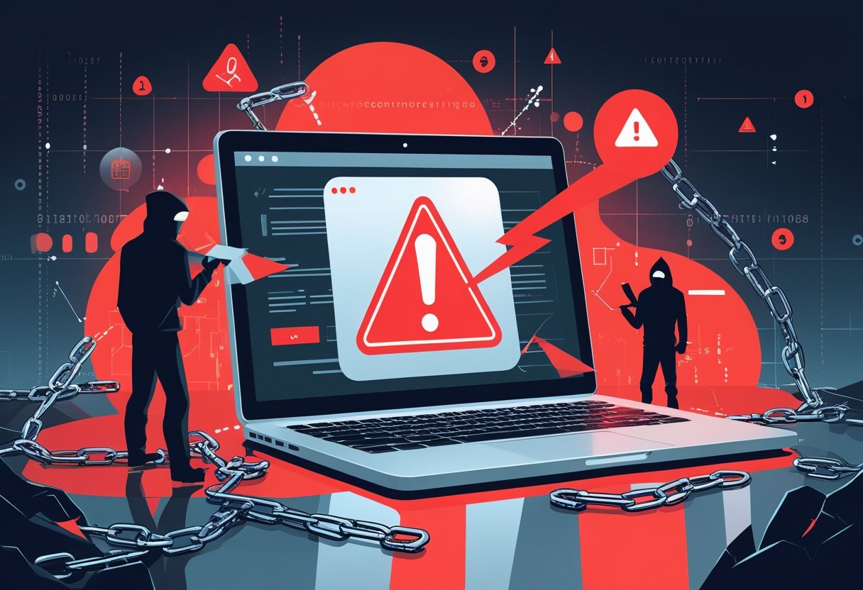A laptop displaying a warning symbol surrounded by digital warning icons and shadowy figures representing online security threats.