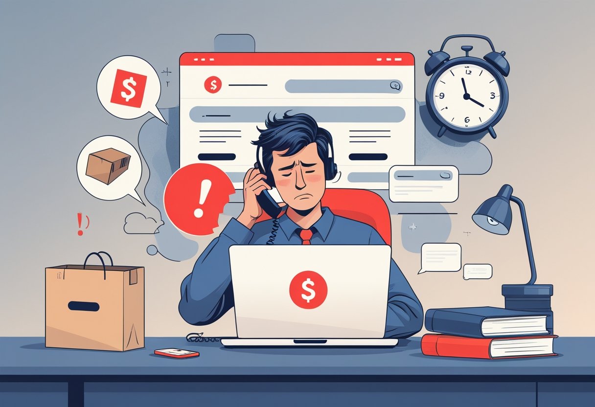 A frustrated customer on the phone at a desk with a laptop, surrounded by symbols of poor online shopping experiences and indifferent customer service representatives in the background.