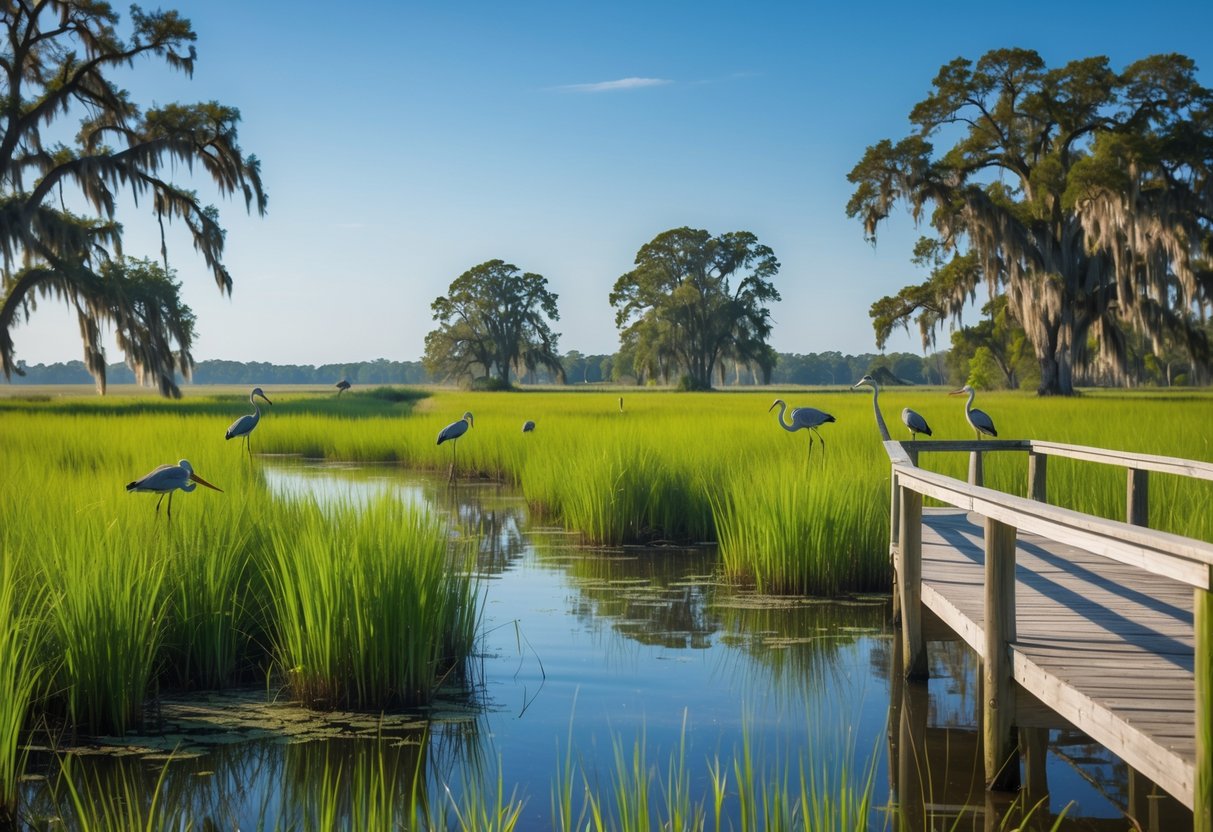 A coastal wetland with tall marsh grasses, a wooden observation deck, and several wading birds under a clear sky.