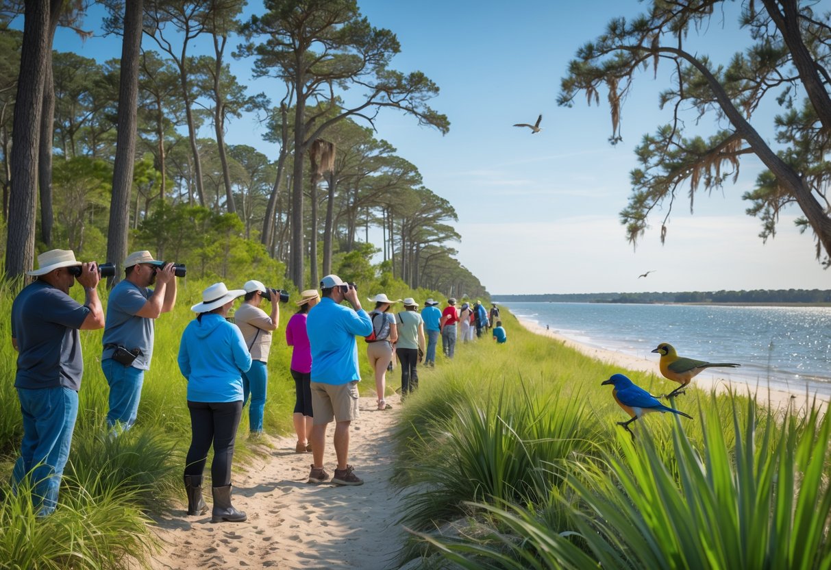 People enjoying guided nature tours and wildlife viewing along a green trail near the coast with trees, birds, and water in Long Beach, Mississippi.