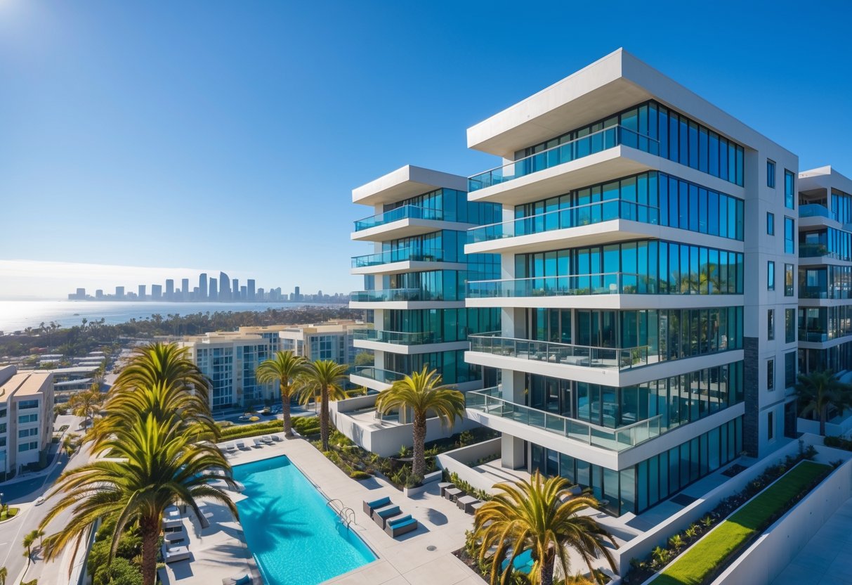 Modern condominium buildings with balconies surrounded by palm trees and city skyline in the background on a sunny day.
