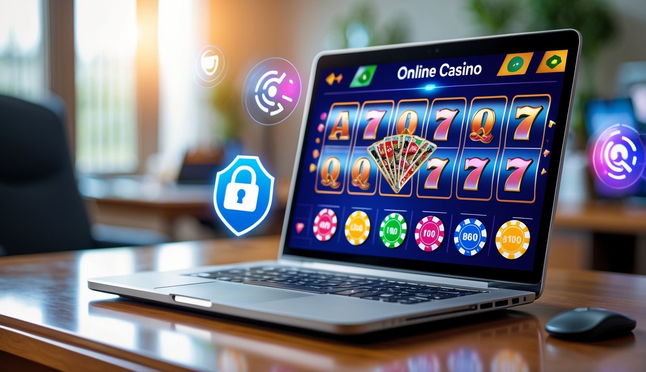 Seorang pria menggunakan laptop dengan tampilan permainan kasino online di meja kayu di ruang kerja yang nyaman.