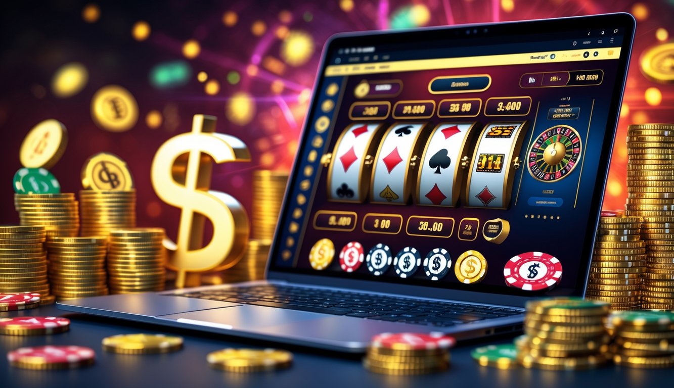 Sebuah laptop menampilkan permainan kasino online dengan tumpukan koin emas dan chip poker di sekitarnya.