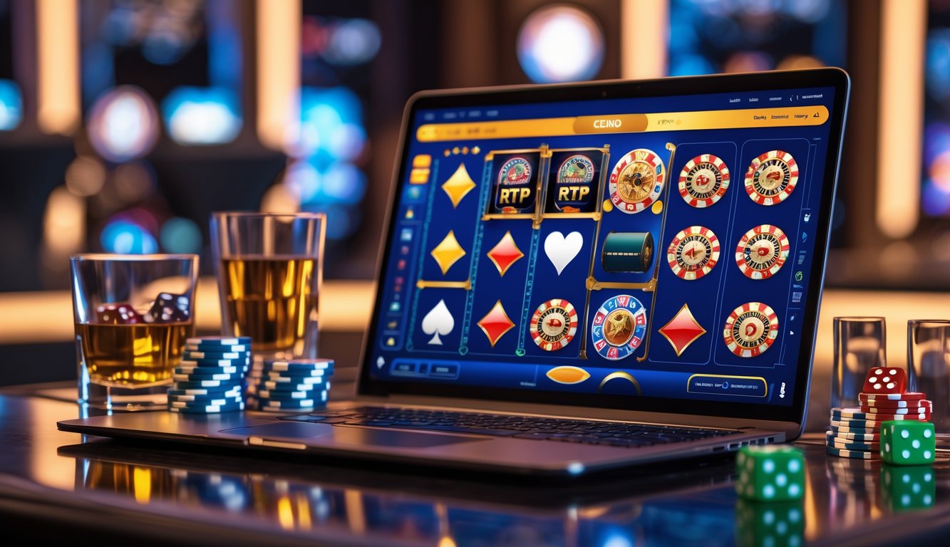 Sebuah laptop modern menampilkan permainan kasino online dengan chip poker, kartu remi, dan dadu di atas meja yang rapi.
