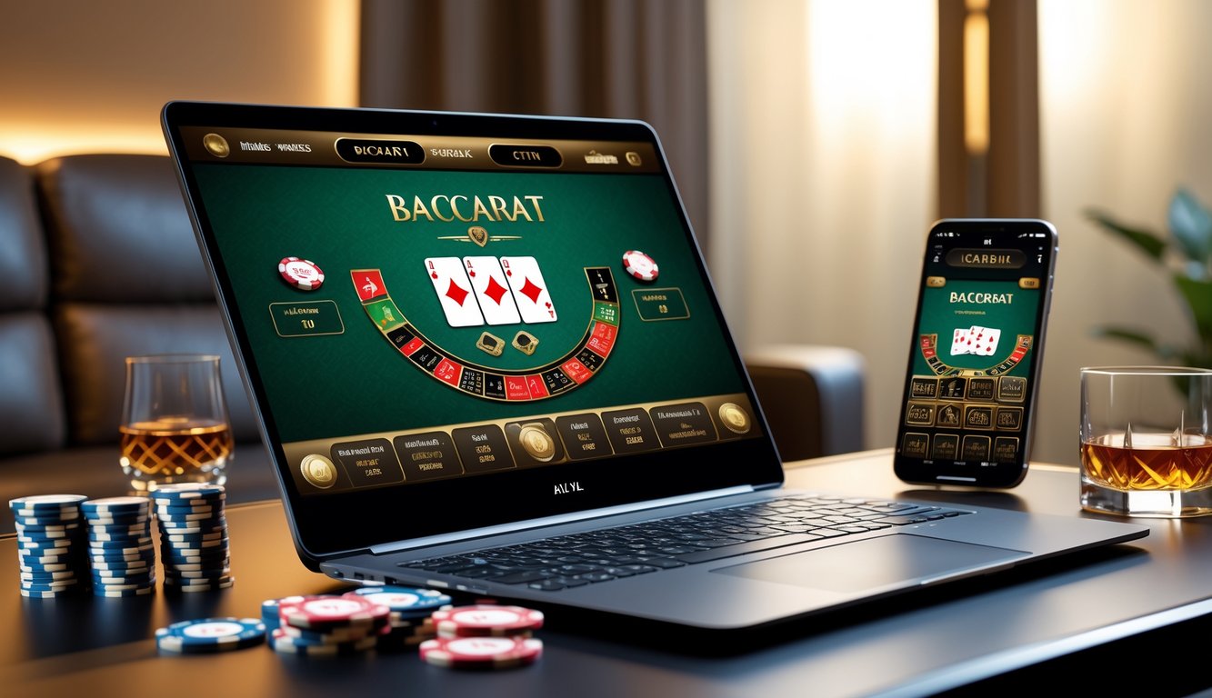 Seorang pemain sedang bermain baccarat online di laptop dengan chip kasino dan minuman di meja.