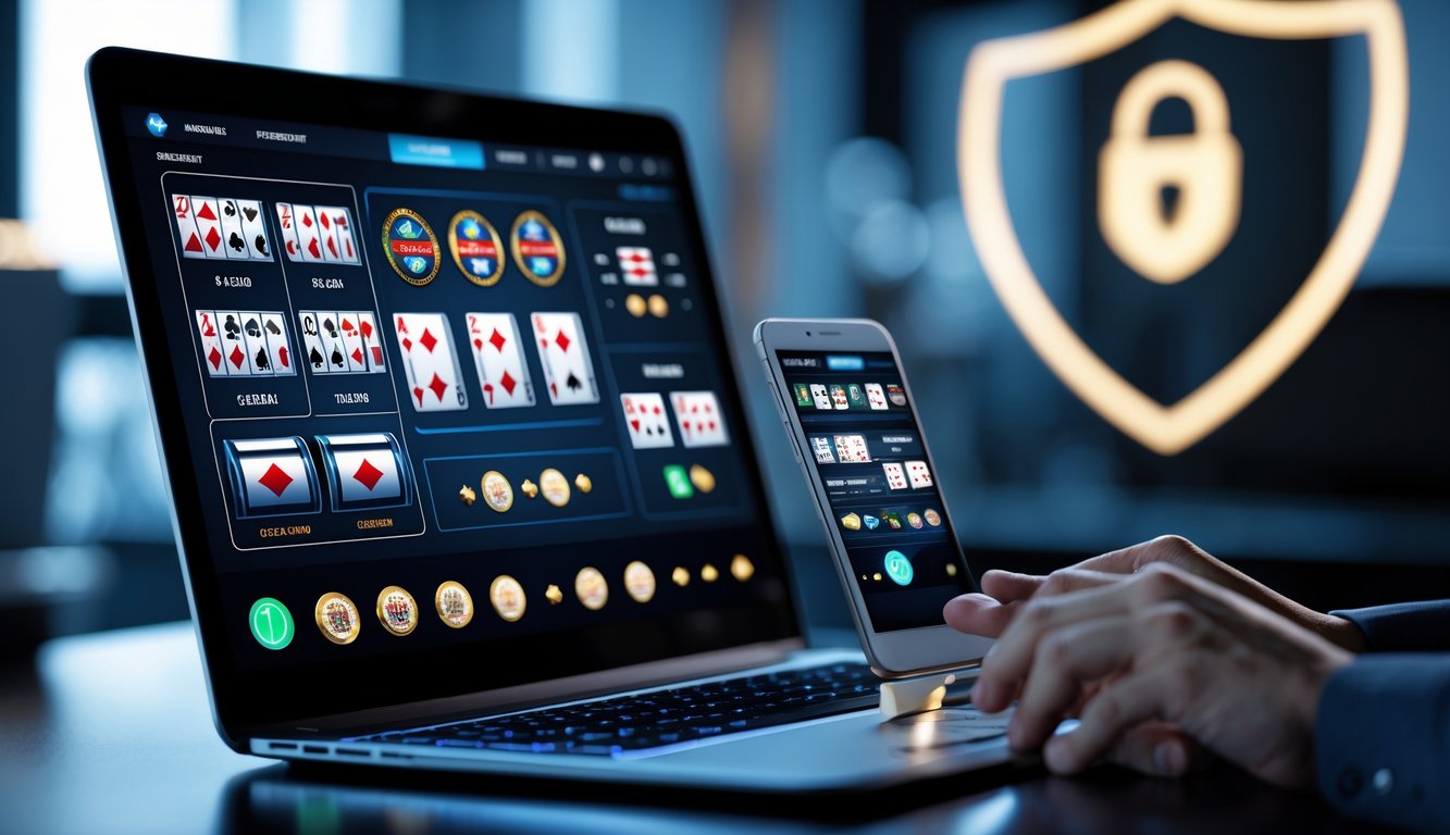 Layar laptop dan ponsel menampilkan permainan kasino online dengan simbol keamanan di latar belakang.