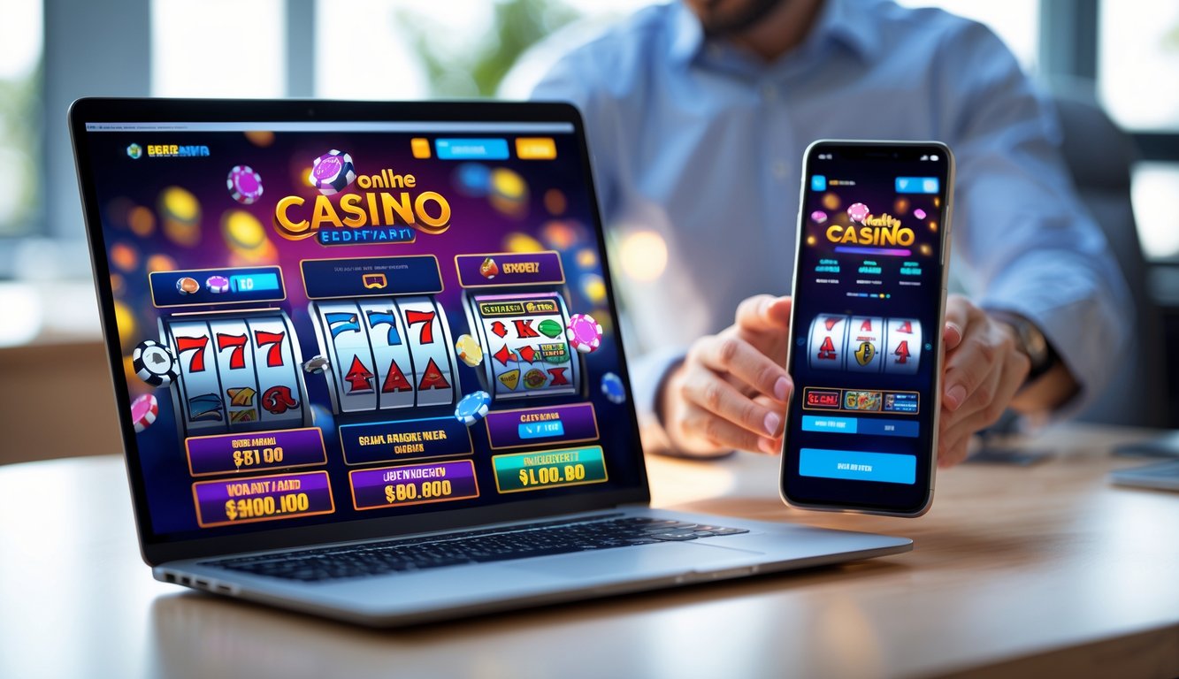 Tampilan platform kasino online populer di layar laptop dan ponsel dengan seseorang menggunakan perangkat tersebut.