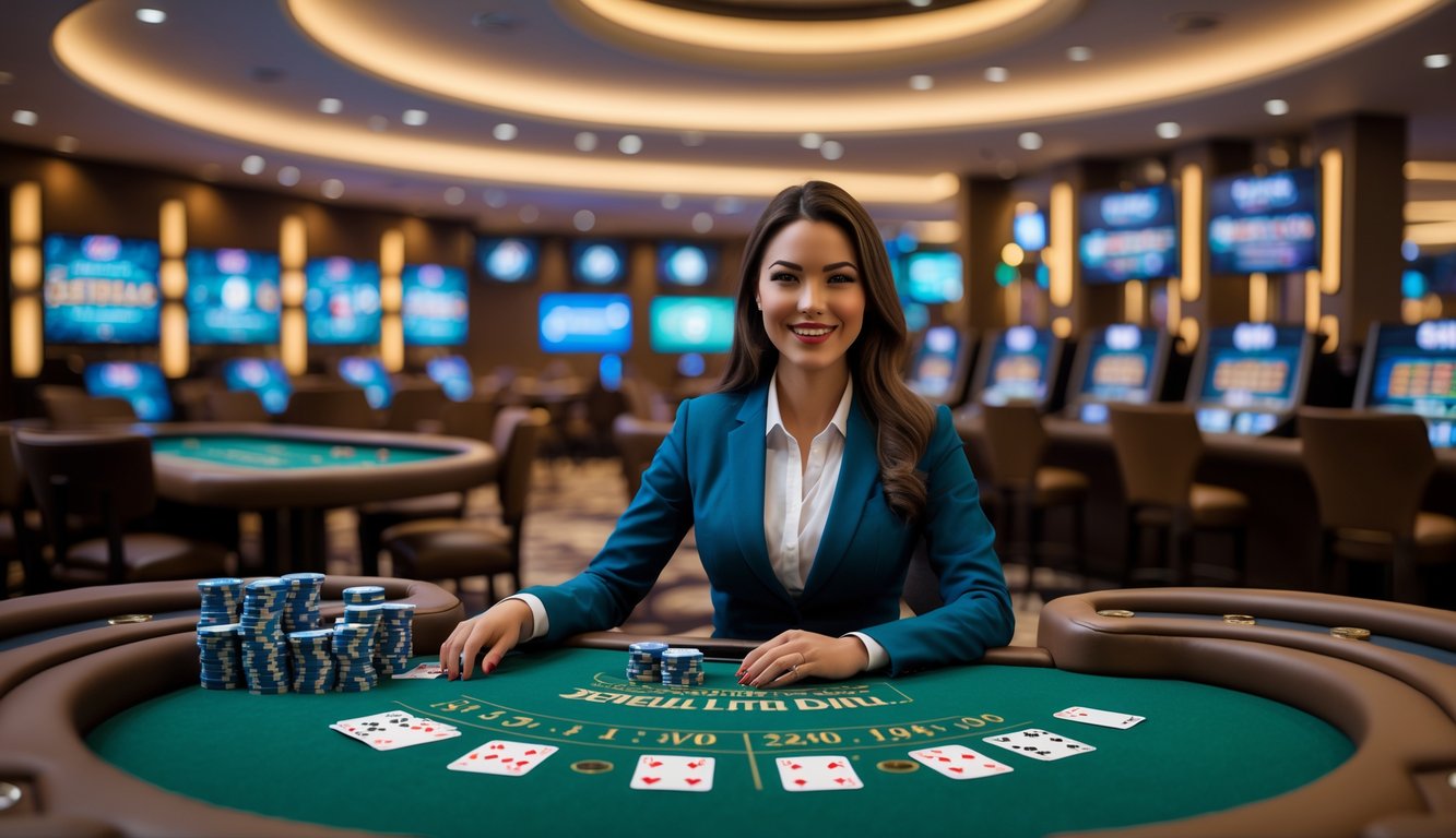 Seorang dealer kasino online yang duduk di meja blackjack dengan kartu dan chip, tersenyum dan berinteraksi dalam suasana kasino mewah.