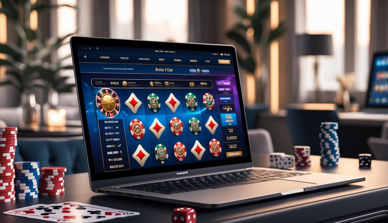 Sebuah laptop menampilkan berbagai pilihan permainan kasino online di dalam ruangan yang elegan dengan dekorasi bertema kasino.