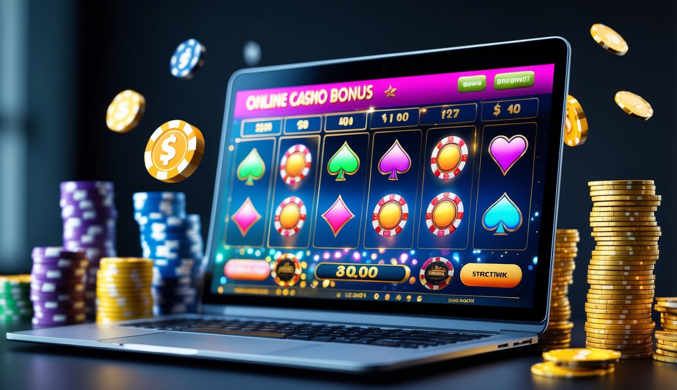 Sebuah laptop menampilkan antarmuka kasino online dengan chip poker dan kartu bermain di meja modern.