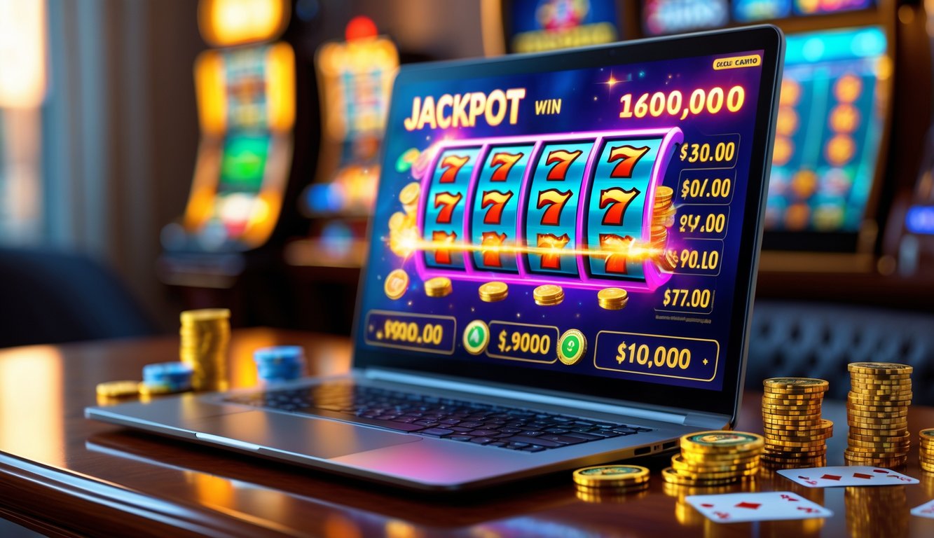 Sebuah komputer dengan layar menampilkan permainan kasino online dengan jackpot besar dan elemen kasino seperti chip dan kartu di sekitar meja.