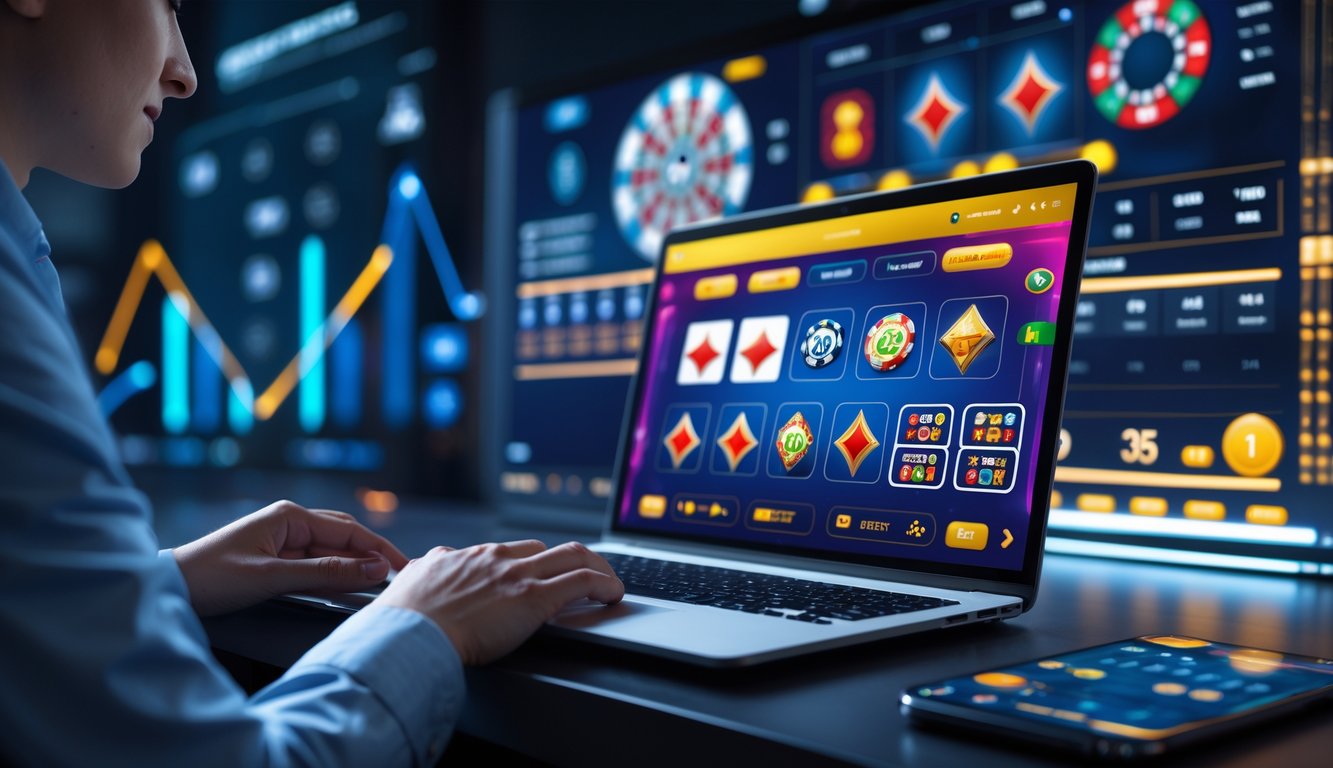 Seseorang menggunakan laptop dengan tampilan permainan kasino online di meja kerja modern.